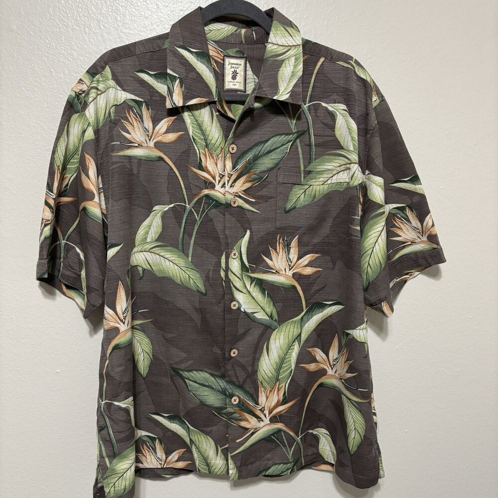 Jamaica Jaxx Men’s Hawaiian Shirt Floral Tropical Brown Short Sleeve Size L